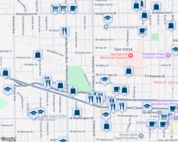 map of restaurants, bars, coffee shops, grocery stores, and more near 619 North Walnut Street in Springfield