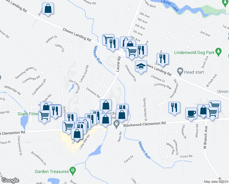 map of restaurants, bars, coffee shops, grocery stores, and more near 2311 Timber Creek in Clementon