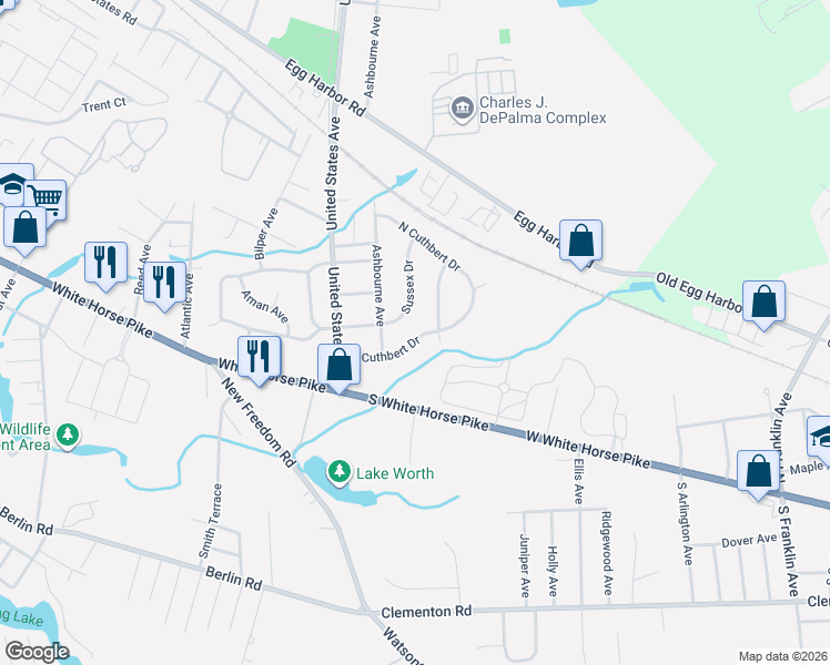 map of restaurants, bars, coffee shops, grocery stores, and more near 2309 South Cuthbert Drive in Lindenwold