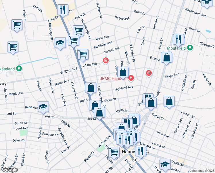 map of restaurants, bars, coffee shops, grocery stores, and more near 24 Highland Avenue in Hanover