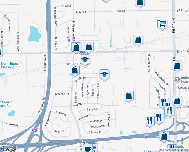 map of restaurants, bars, coffee shops, grocery stores, and more near 2855 North Franklin Road in Indianapolis