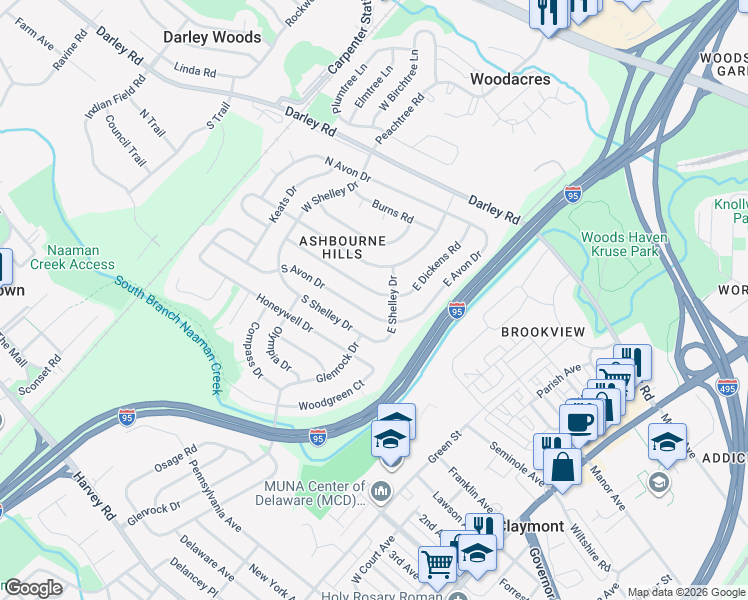 map of restaurants, bars, coffee shops, grocery stores, and more near 39 South Dickens Road in Claymont