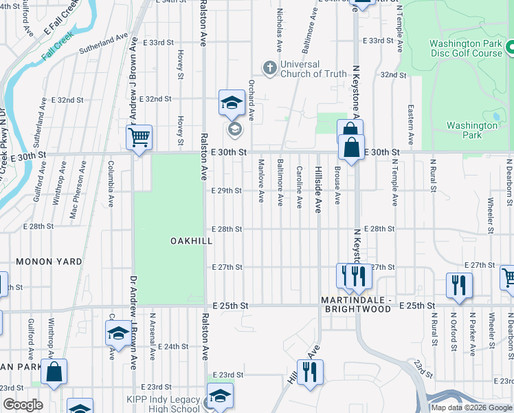 map of restaurants, bars, coffee shops, grocery stores, and more near 2845 Sangster Avenue in Indianapolis