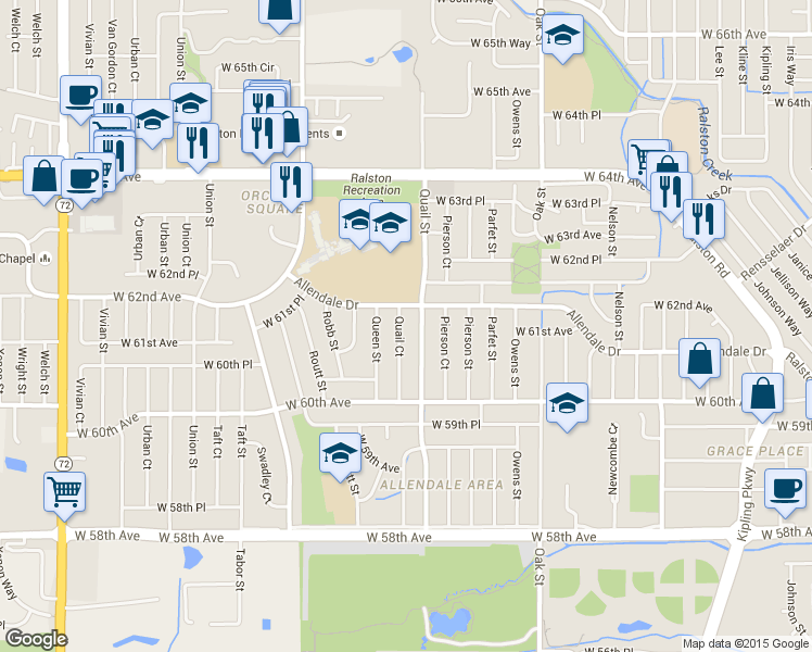 map of restaurants, bars, coffee shops, grocery stores, and more near 11224 Allendale Drive in Arvada