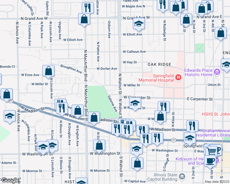 map of restaurants, bars, coffee shops, grocery stores, and more near 619 North Walnut Street in Springfield