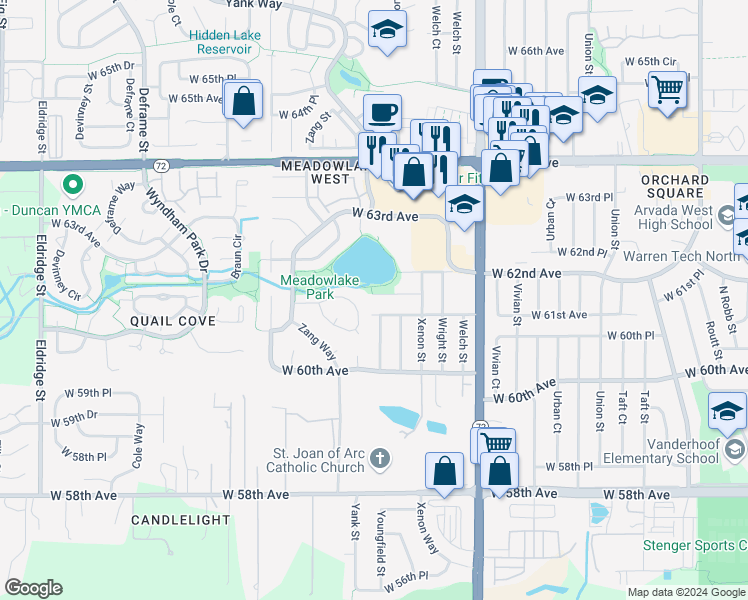 map of restaurants, bars, coffee shops, grocery stores, and more near 12826 West 61st Place in Arvada
