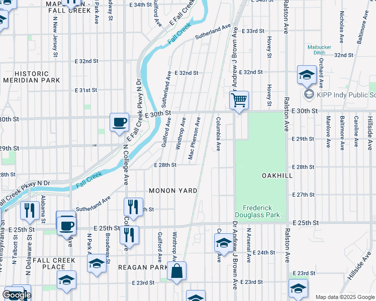 map of restaurants, bars, coffee shops, grocery stores, and more near 2845 Mac Pherson Avenue in Indianapolis
