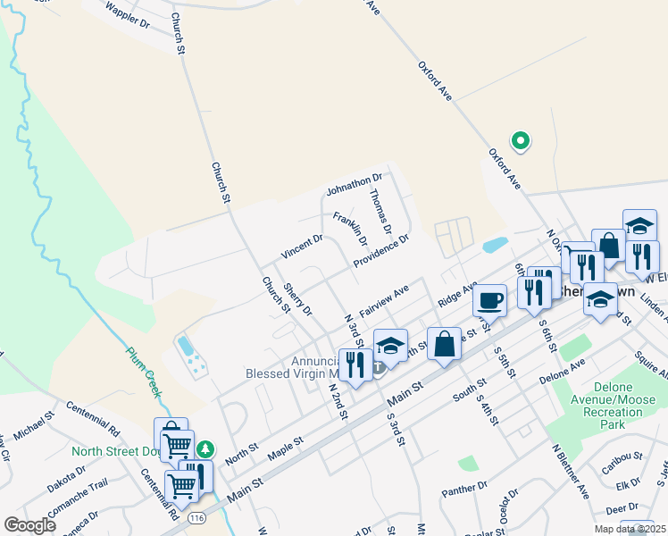 map of restaurants, bars, coffee shops, grocery stores, and more near 307 Providence Drive in McSherrystown