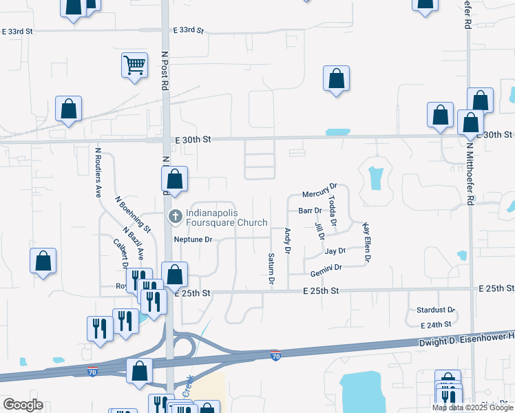 map of restaurants, bars, coffee shops, grocery stores, and more near 2807 Astro Drive in Indianapolis