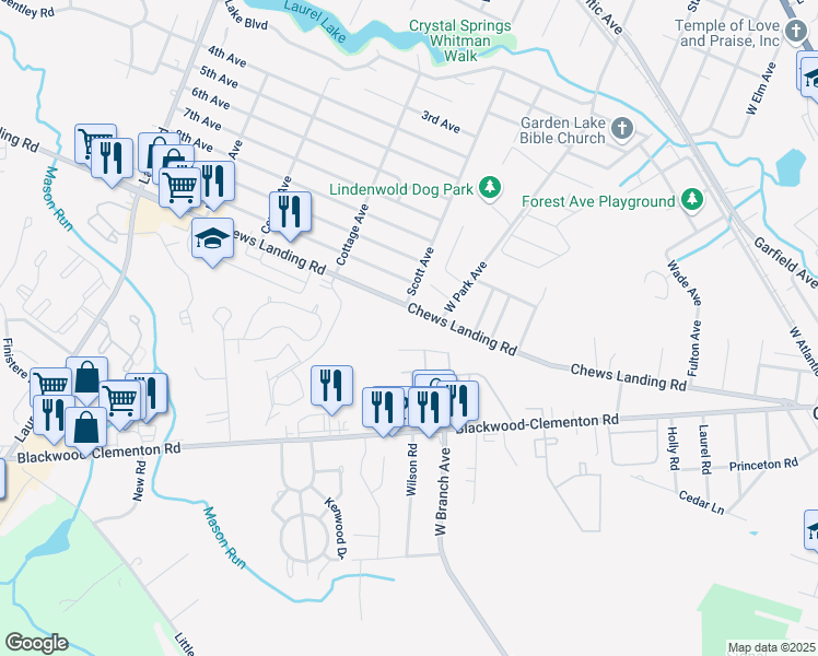 map of restaurants, bars, coffee shops, grocery stores, and more near 220 Chews Landing Road in Lindenwold