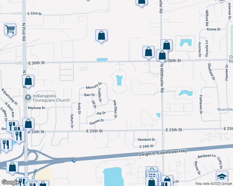 map of restaurants, bars, coffee shops, grocery stores, and more near 2700 White Knight Boulevard in Indianapolis