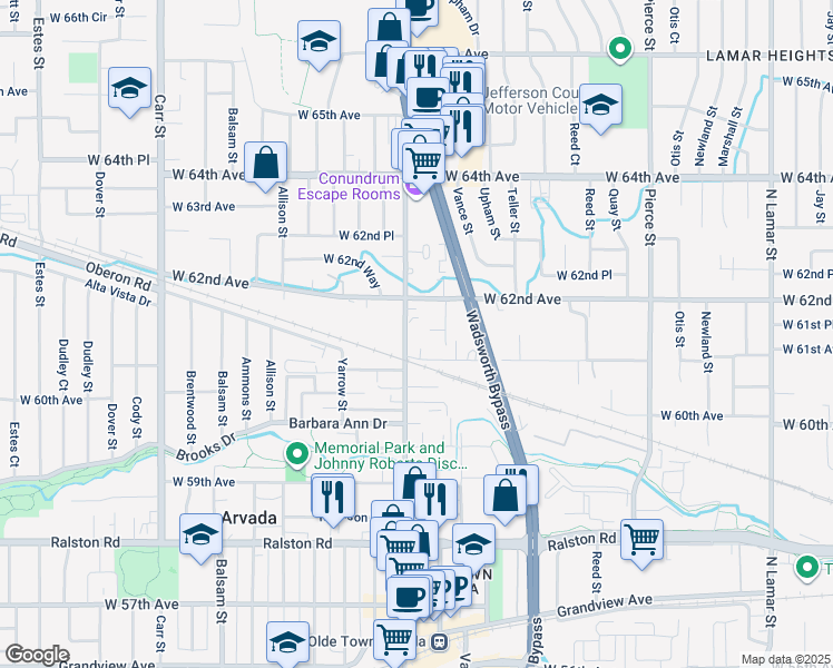 map of restaurants, bars, coffee shops, grocery stores, and more near 6150 Wadsworth Boulevard in Arvada