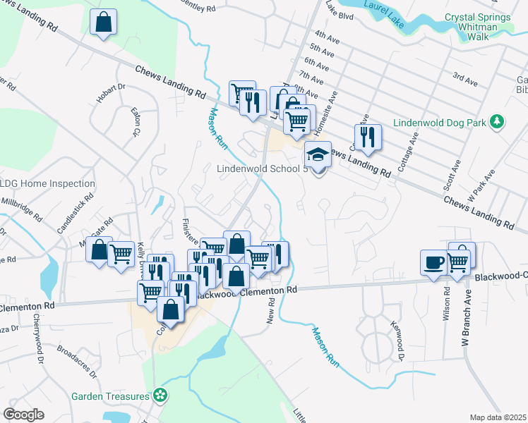 map of restaurants, bars, coffee shops, grocery stores, and more near 2311 Timber Creek in Clementon