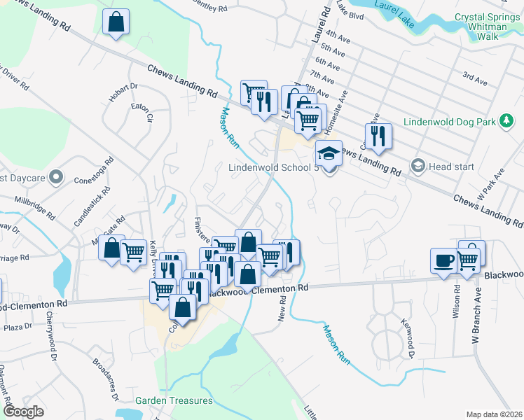 map of restaurants, bars, coffee shops, grocery stores, and more near 2311 Timber Creek in Clementon