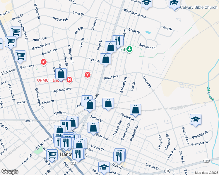 map of restaurants, bars, coffee shops, grocery stores, and more near 522 East Walnut Street in Hanover