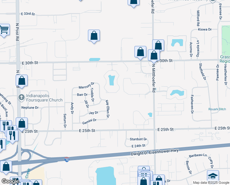map of restaurants, bars, coffee shops, grocery stores, and more near 2700-2792 White Knight Boulevard in Indianapolis