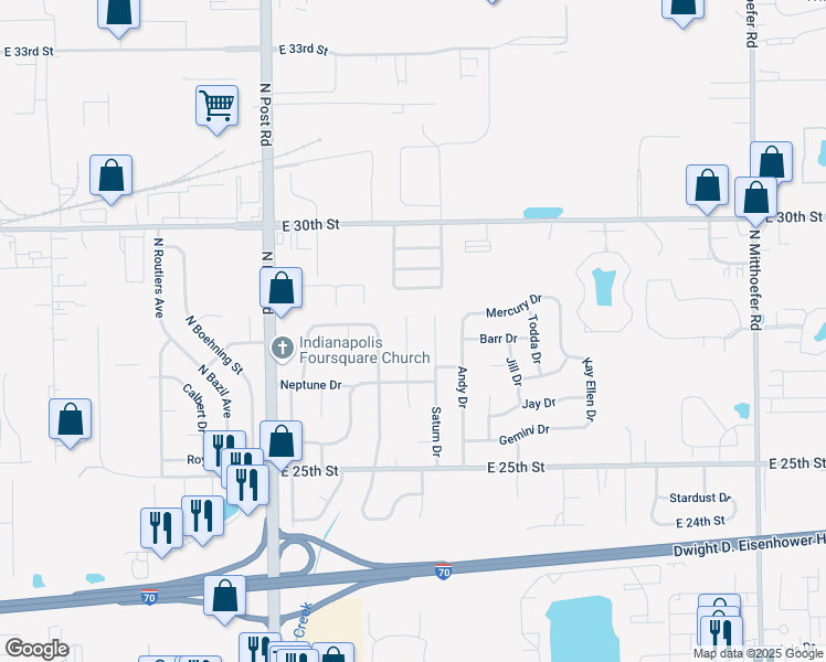 map of restaurants, bars, coffee shops, grocery stores, and more near 2807 Astro Drive in Indianapolis