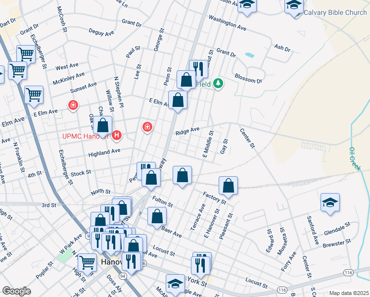 map of restaurants, bars, coffee shops, grocery stores, and more near 522 East Walnut Street in Hanover