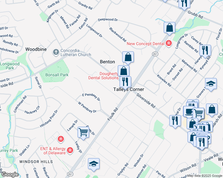 map of restaurants, bars, coffee shops, grocery stores, and more near 9 Penarth Drive in Wilmington