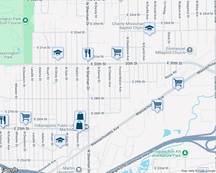 map of restaurants, bars, coffee shops, grocery stores, and more near 2862 North Chester Avenue in Indianapolis