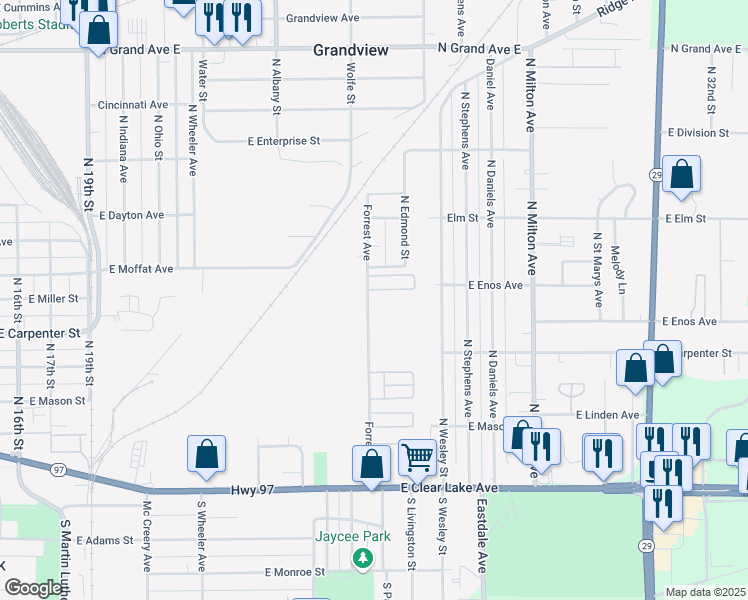 map of restaurants, bars, coffee shops, grocery stores, and more near 624 Forrest Avenue in Springfield