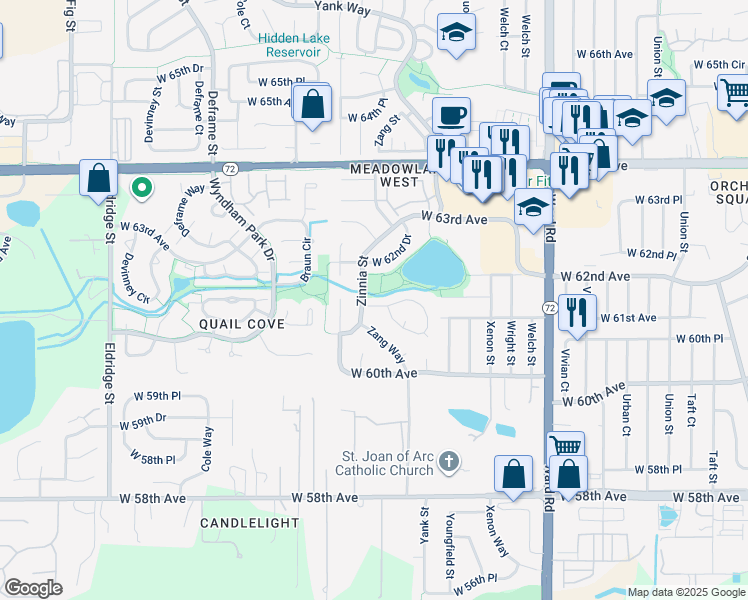 map of restaurants, bars, coffee shops, grocery stores, and more near 13085 West 61st Circle in Arvada