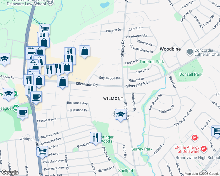 map of restaurants, bars, coffee shops, grocery stores, and more near 3307 Silverside Road in Wilmington