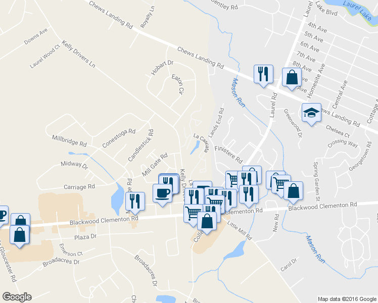 map of restaurants, bars, coffee shops, grocery stores, and more near 23 La Cascata in Clementon