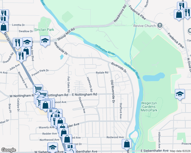 map of restaurants, bars, coffee shops, grocery stores, and more near 4187 Pafford Road in Dayton