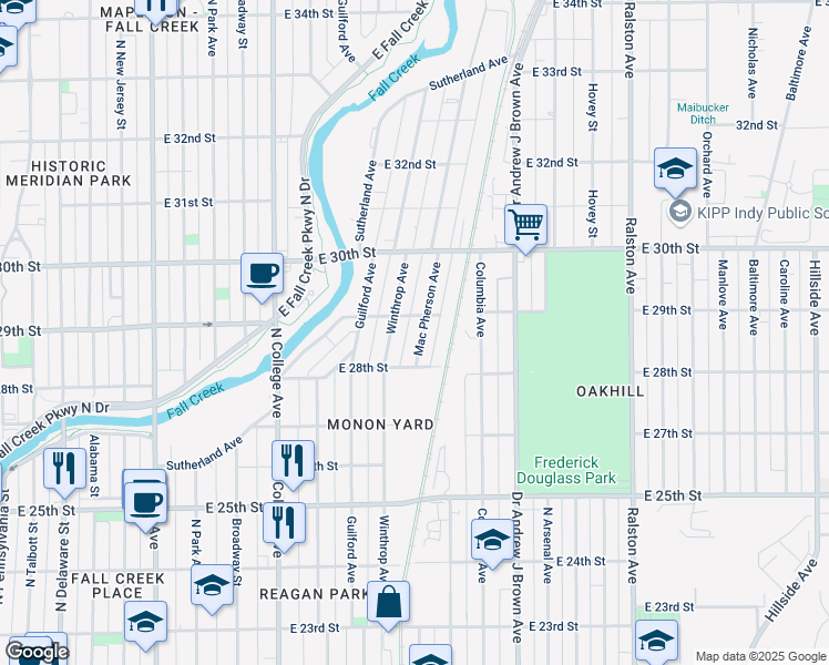 map of restaurants, bars, coffee shops, grocery stores, and more near 2838 Macpherson Avenue in Indianapolis