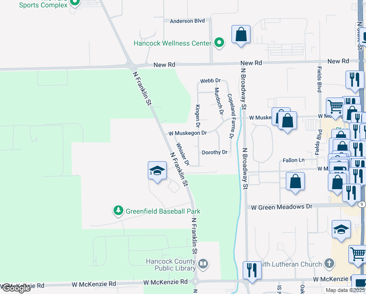 map of restaurants, bars, coffee shops, grocery stores, and more near 1631 Whisler Drive in Greenfield