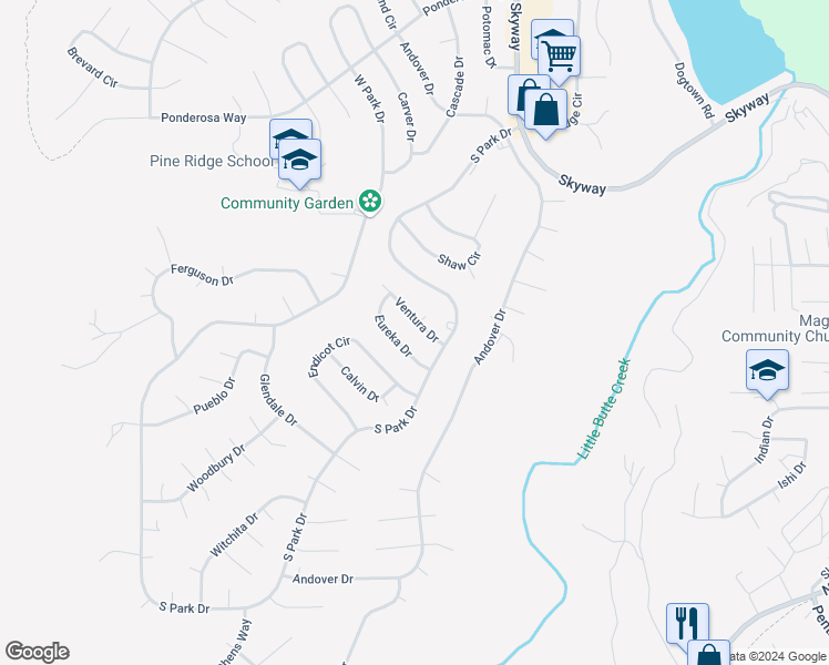 map of restaurants, bars, coffee shops, grocery stores, and more near 6448 Ventura Drive in Magalia