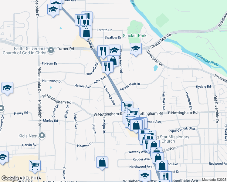 map of restaurants, bars, coffee shops, grocery stores, and more near 4505 North Main Street in Dayton