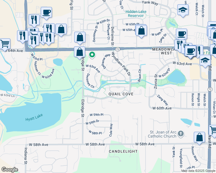 map of restaurants, bars, coffee shops, grocery stores, and more near 13759 West 61st Lane in Arvada