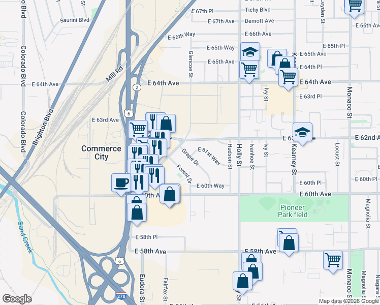 map of restaurants, bars, coffee shops, grocery stores, and more near 6106 Grape Drive in Commerce City