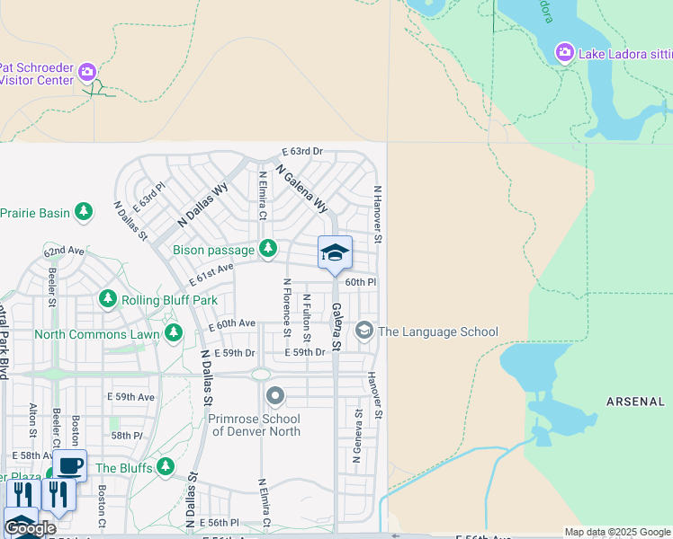 map of restaurants, bars, coffee shops, grocery stores, and more near 10002 East 64th Avenue in Denver