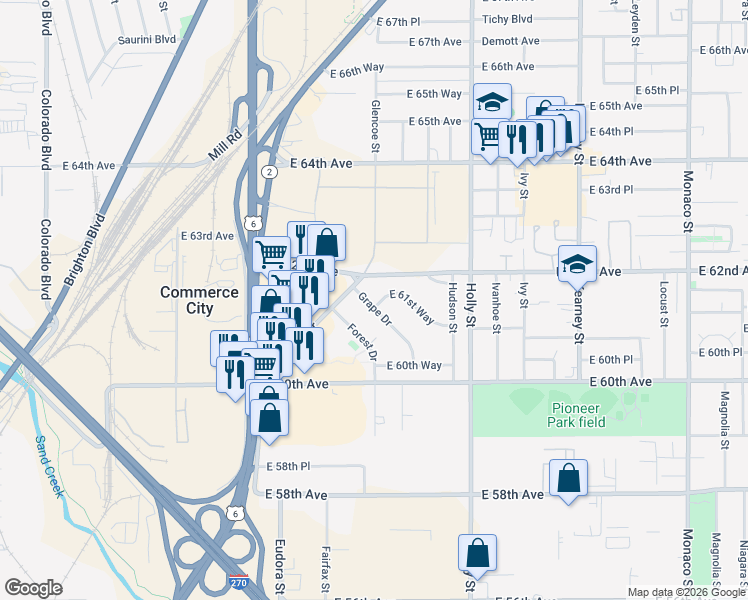 map of restaurants, bars, coffee shops, grocery stores, and more near 6106 Grape Drive in Commerce City