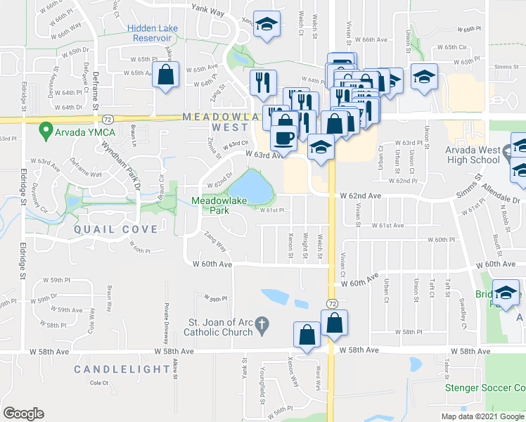 map of restaurants, bars, coffee shops, grocery stores, and more near 12826 West 61st Place in Arvada