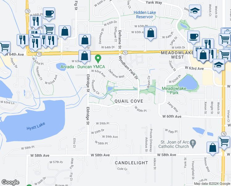 map of restaurants, bars, coffee shops, grocery stores, and more near 13749 West 61st Lane in Arvada