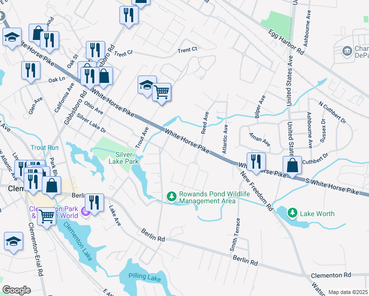 map of restaurants, bars, coffee shops, grocery stores, and more near 229 White Horse Pike in Clementon