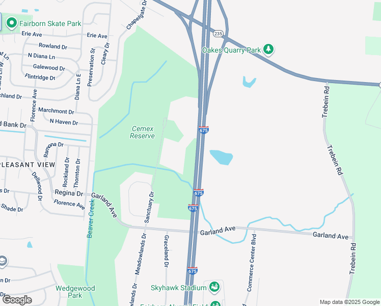 map of restaurants, bars, coffee shops, grocery stores, and more near Interstate 675 in Fairborn