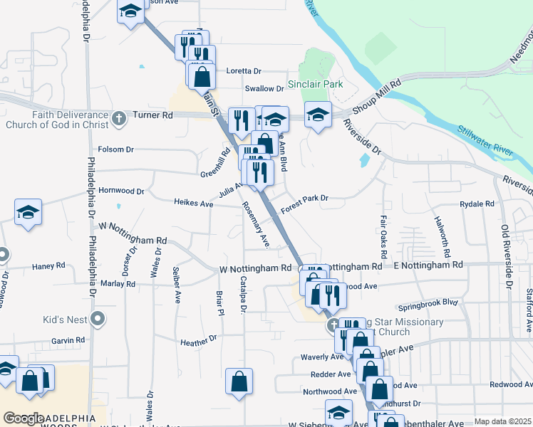 map of restaurants, bars, coffee shops, grocery stores, and more near 4505 North Main Street in Dayton