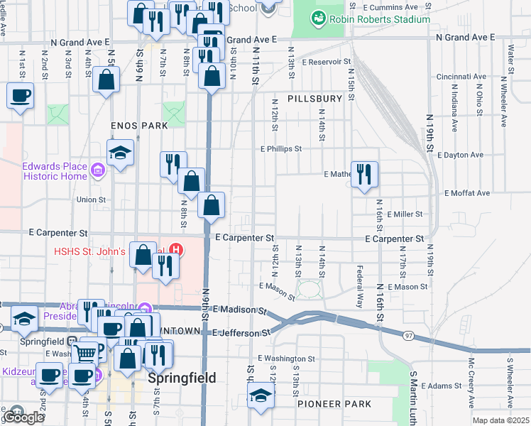 map of restaurants, bars, coffee shops, grocery stores, and more near 1113 East Miller Street in Springfield