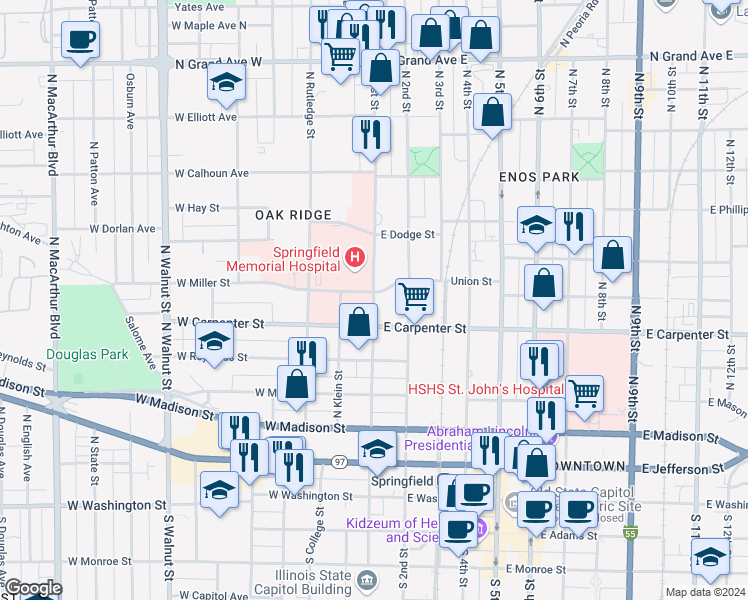 map of restaurants, bars, coffee shops, grocery stores, and more near 101-199 West Miller Street in Springfield