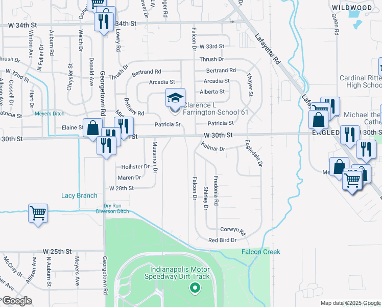 map of restaurants, bars, coffee shops, grocery stores, and more near 2920 Falcon Drive in Indianapolis
