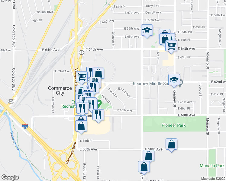 map of restaurants, bars, coffee shops, grocery stores, and more near 6102 Grape Drive in Commerce City