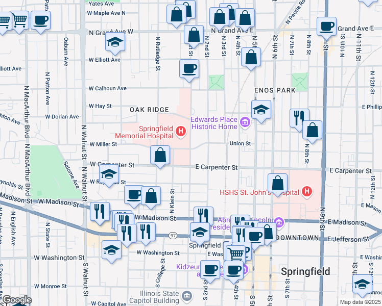 map of restaurants, bars, coffee shops, grocery stores, and more near 101-199 West Miller Street in Springfield