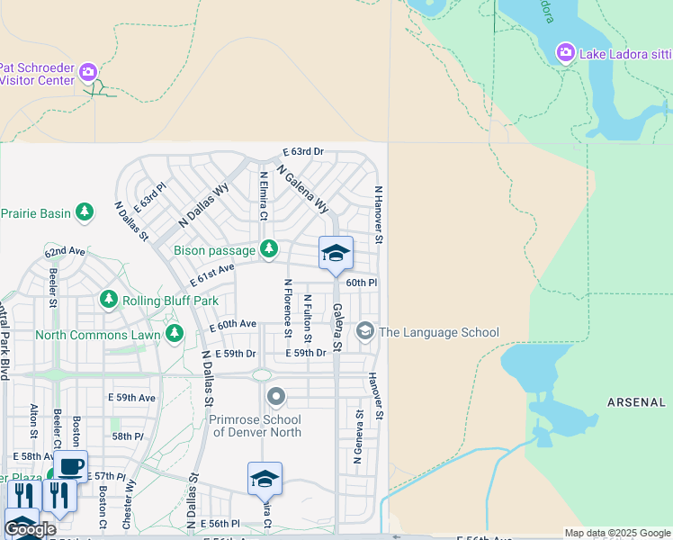 map of restaurants, bars, coffee shops, grocery stores, and more near 6340 Galena Street in Denver