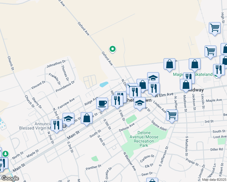 map of restaurants, bars, coffee shops, grocery stores, and more near 600 Ridge Ave in McSherrystown