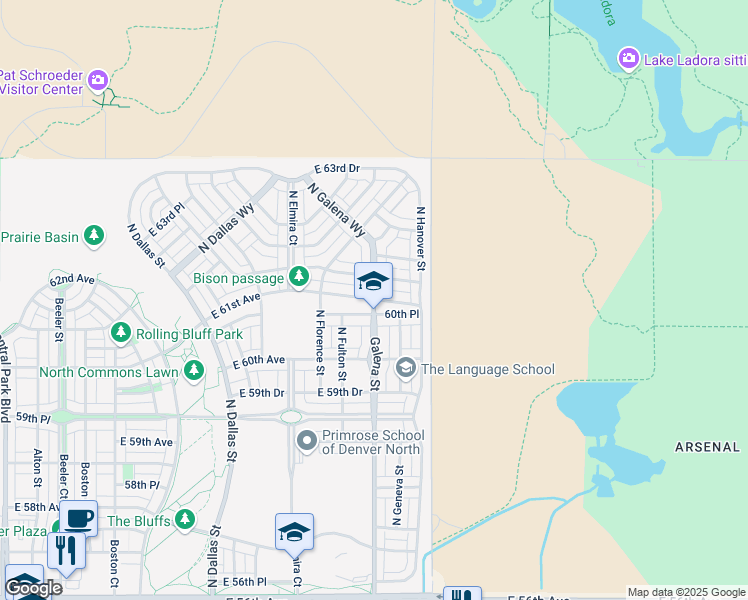 map of restaurants, bars, coffee shops, grocery stores, and more near 6340 Galena Street in Denver